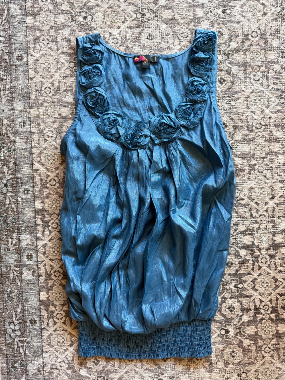 Y2K Blue Sleeveless Tank Top with Rosette Detail Neckline